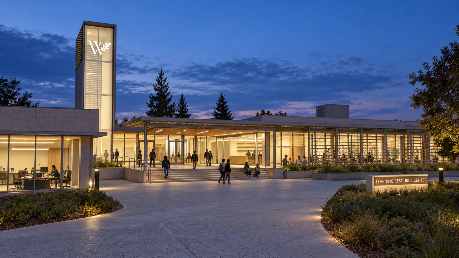 West Valley College Learning Resource Center at dusk